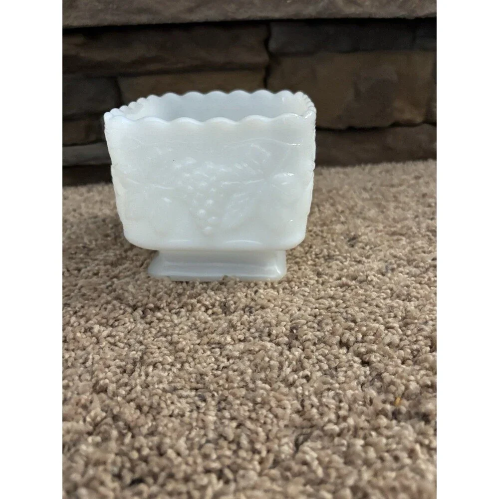 White Milk Glass Grape Decor Collectible Planter Candy Dish 4 Inch Square VTG